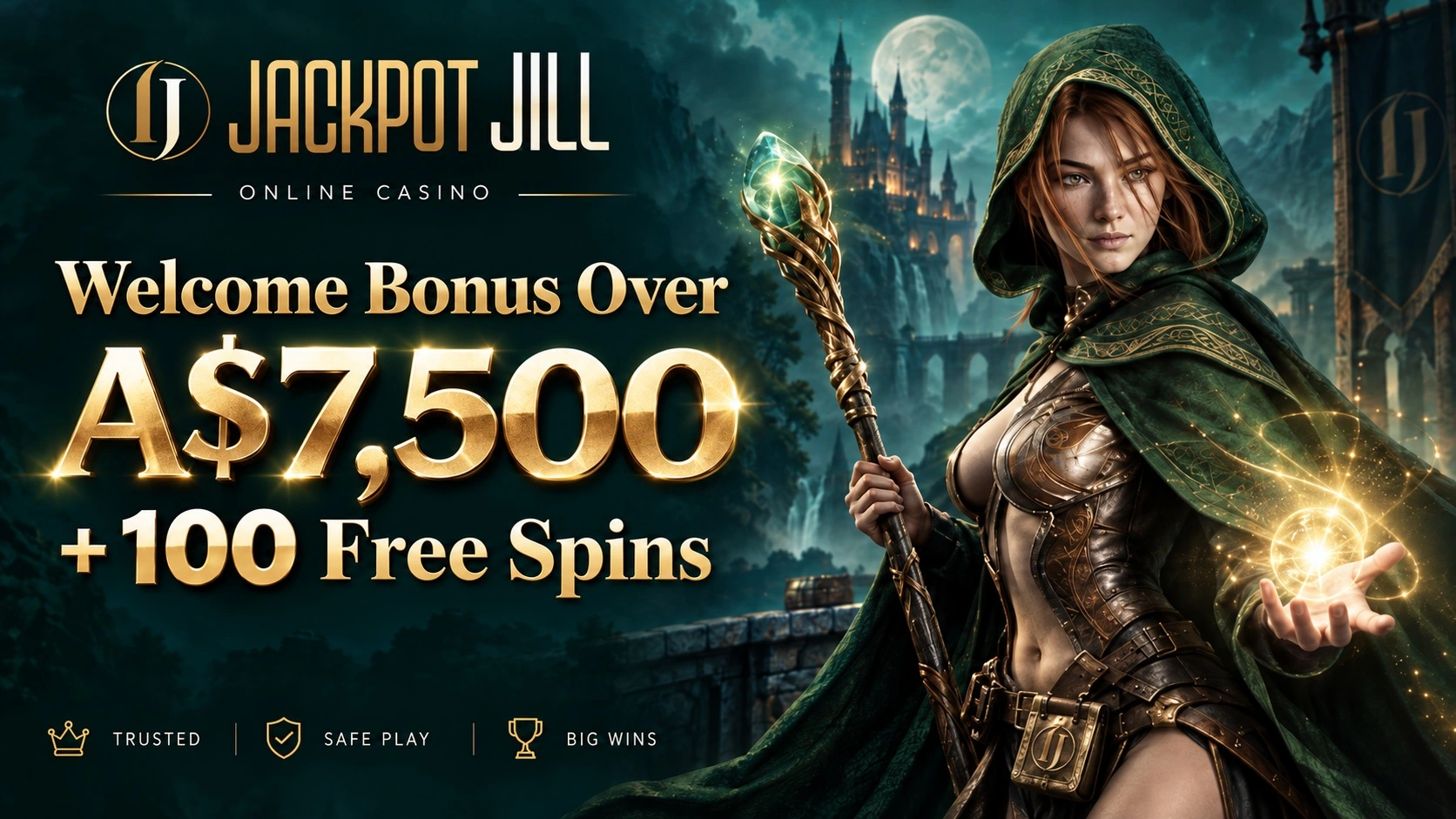 The platform's mascot with a welcome bonus of 7,500 and 100 free spins